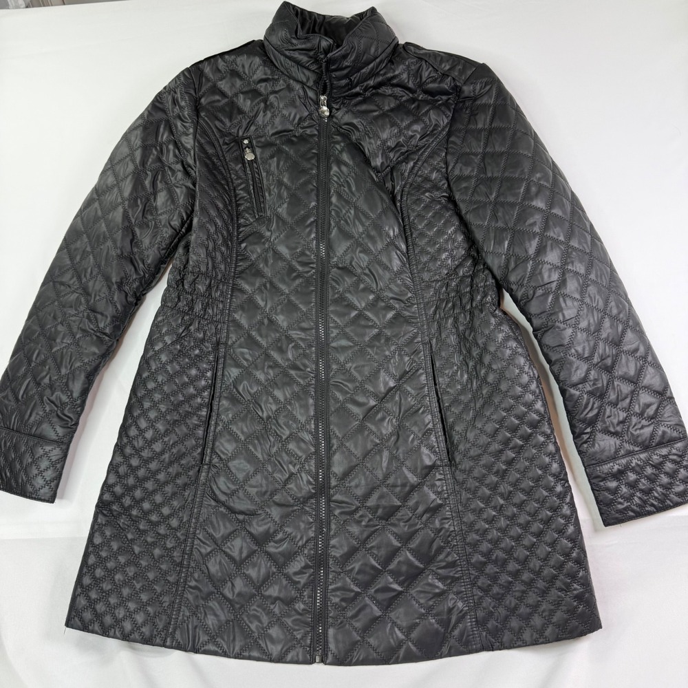 Laundry by Shelli Segal Black Quilted Puffer Coat Leopard Lining Hidden Hood L